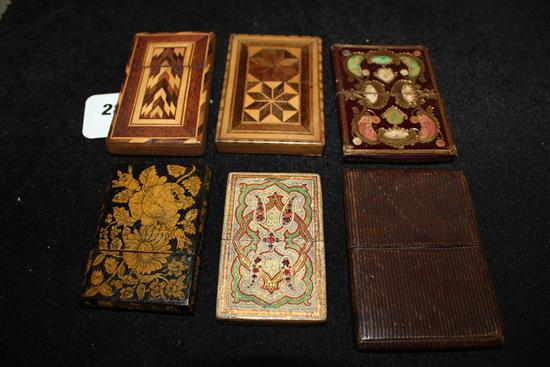 Six card cases, inc 2 parquetry-inlaid, one pokerwork, 2 leather & a pressed paper example